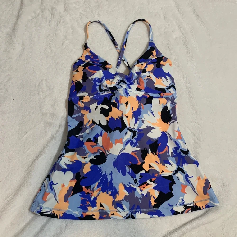 Athleta Floral Print Tankini Swim Top Size XS Blue Orange White‎ Crisscross Back